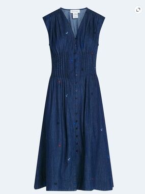 Sleeveless Navy Button-Front Midi Dress with Subtle Embroidery